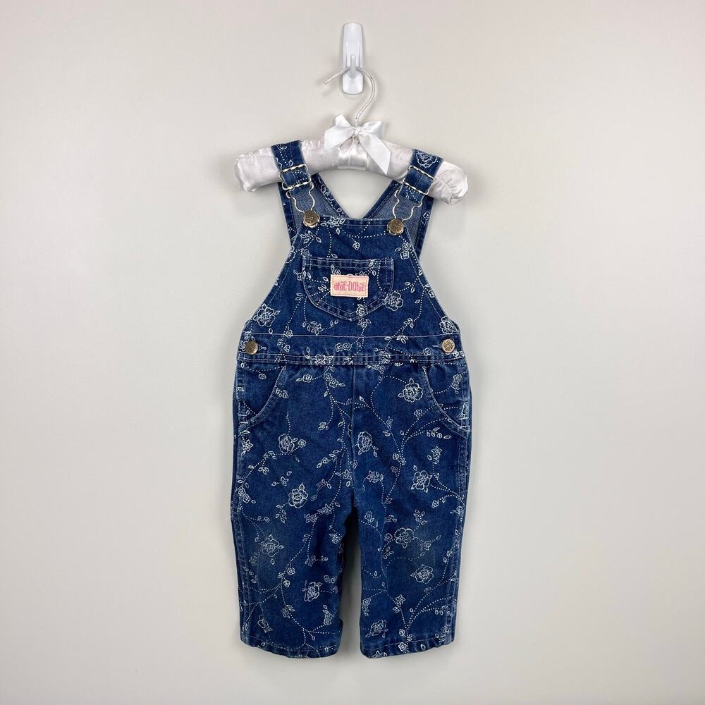 Vintage Okie Dokie Blue Floral Denim Overalls 18 Months